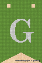 A simulated image of the stitched needlepoint design: Banner 18m Forked G White on Light Green. Not A.I. generated.