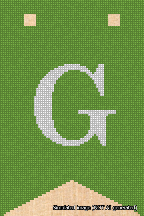 A simulated image of the stitched needlepoint design: Banner 18m Forked G White on Light Green. Not A.I. generated.
