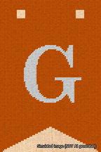 A simulated image of the stitched needlepoint design: Banner 18m Forked G White on Orange. Not A.I. generated.