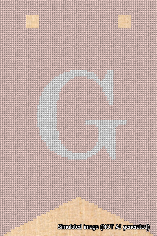A simulated image of the stitched needlepoint design: Banner 18m Forked G White on Pink. Not A.I. generated.