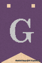 A simulated image of the stitched needlepoint design: Banner 18m Forked G White on Purple. Not A.I. generated.
