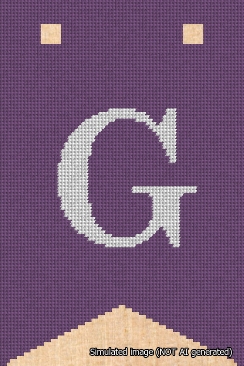 A simulated image of the stitched needlepoint design: Banner 18m Forked G White on Purple. Not A.I. generated.