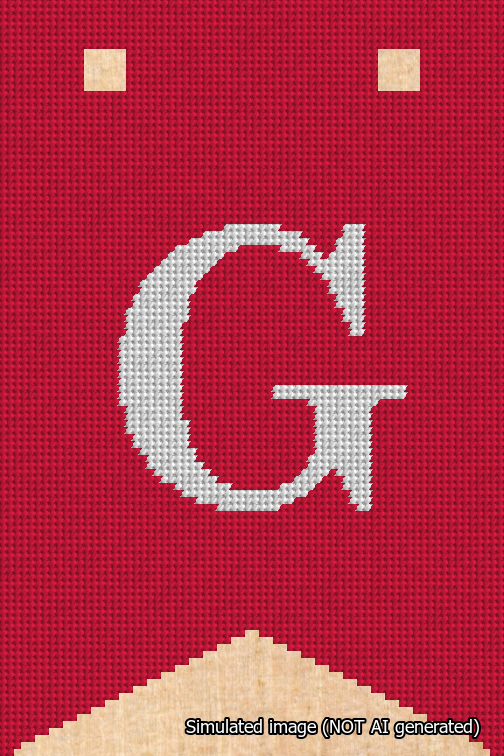 A simulated image of the stitched needlepoint design: Banner 18m Forked G White on Red. Not A.I. generated.