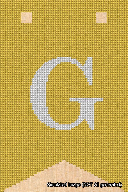 A simulated image of the stitched needlepoint design: Banner 18m Forked G White on Yellow. Not A.I. generated.