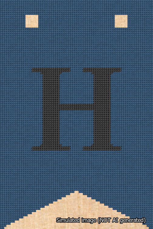 A simulated image of the stitched needlepoint design: Banner 18m Forked H Black on Blue. Not A.I. generated.