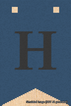 A simulated image of the stitched needlepoint design: Banner 18m Forked H Black on Blue. Not A.I. generated.