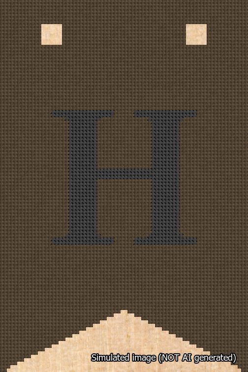 A simulated image of the stitched needlepoint design: Banner 18m Forked H Black on Brown. Not A.I. generated.