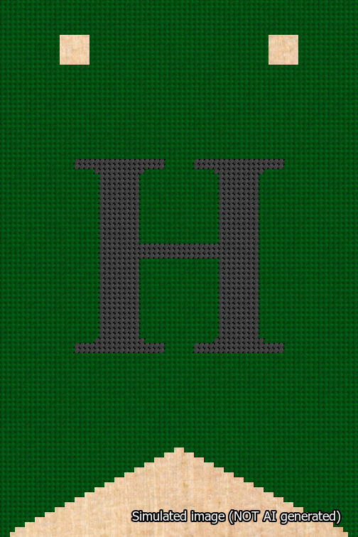 A simulated image of the stitched needlepoint design: Banner 18m Forked H Black on Green. Not A.I. generated.