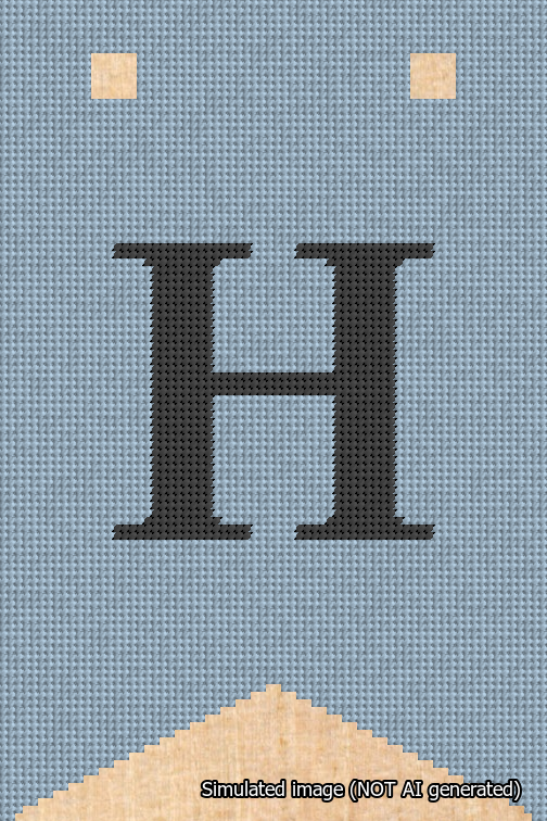 A simulated image of the stitched needlepoint design: Banner 18m Forked H Black on Light Blue. Not A.I. generated.