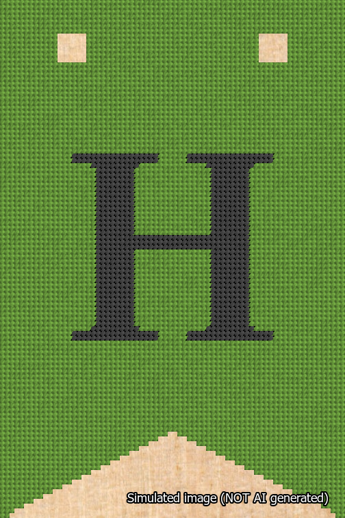 A simulated image of the stitched needlepoint design: Banner 18m Forked H Black on Light Green. Not A.I. generated.