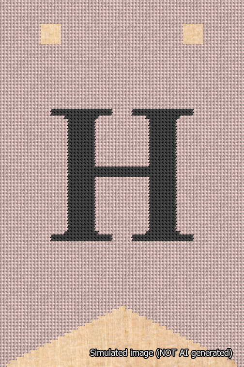 A simulated image of the stitched needlepoint design: Banner 18m Forked H Black on Pink. Not A.I. generated.