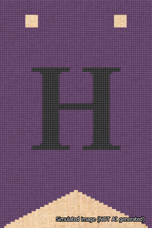 A simulated image of the stitched needlepoint design: Banner 18m Forked H Black on Purple. Not A.I. generated.