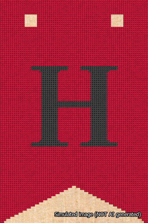 A simulated image of the stitched needlepoint design: Banner 18m Forked H Black on Red. Not A.I. generated.