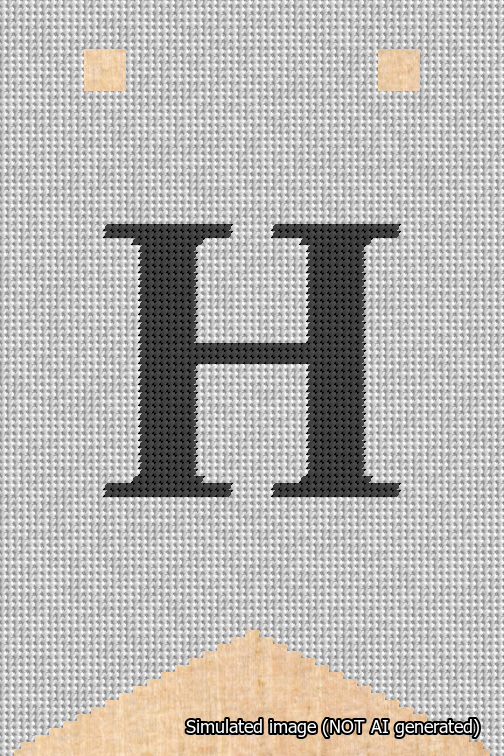 A simulated image of the stitched needlepoint design: Banner 18m Forked H Black on White. Not A.I. generated.
