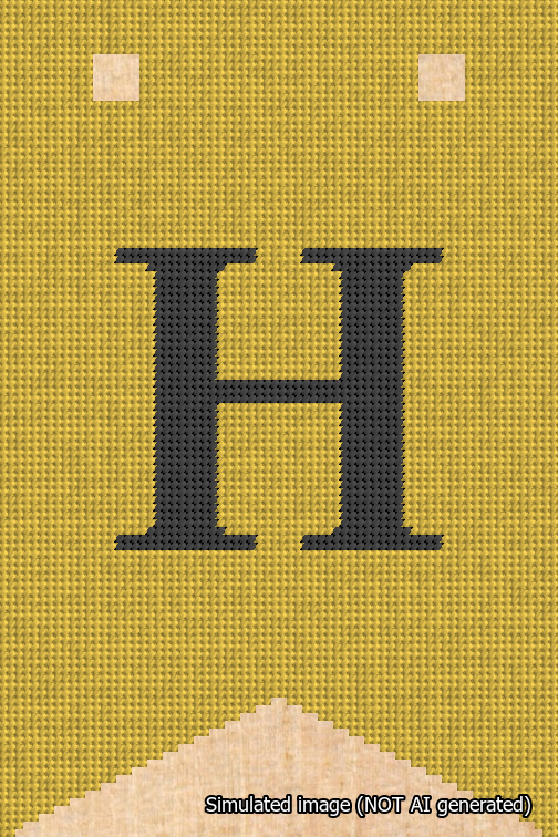 A simulated image of the stitched needlepoint design: Banner 18m Forked H Black on Yellow. Not A.I. generated.