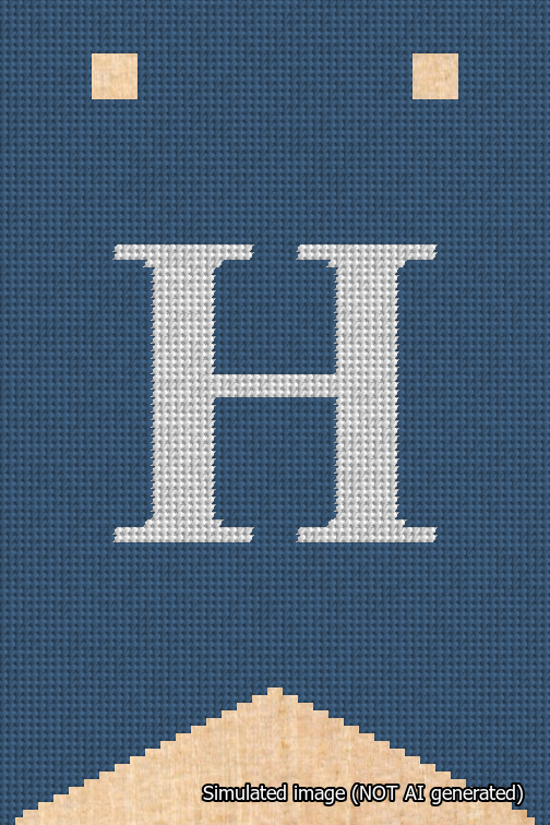 A simulated image of the stitched needlepoint design: Banner 18m Forked H White on Blue. Not A.I. generated.