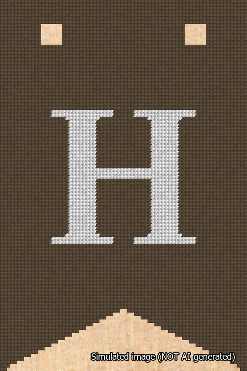 A simulated image of the stitched needlepoint design: Banner 18m Forked H White on Brown. Not A.I. generated.