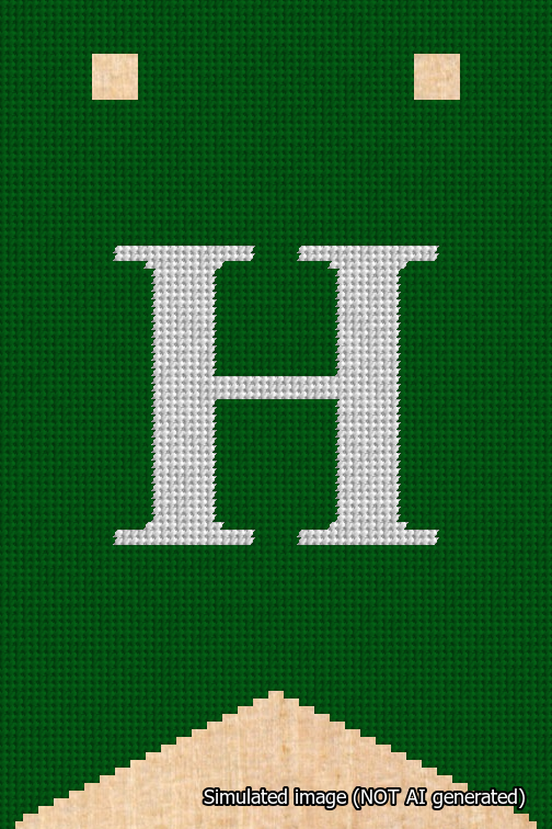 A simulated image of the stitched needlepoint design: Banner 18m Forked H White on Green. Not A.I. generated.