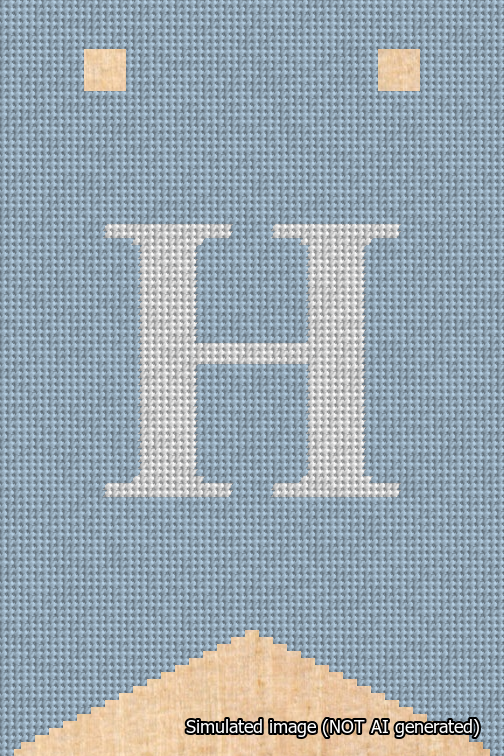 A simulated image of the stitched needlepoint design: Banner 18m Forked H White on Light Blue. Not A.I. generated.