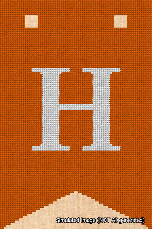 A simulated image of the stitched needlepoint design: Banner 18m Forked H White on Orange. Not A.I. generated.