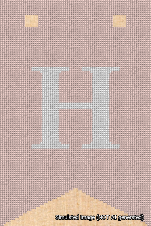 A simulated image of the stitched needlepoint design: Banner 18m Forked H White on Pink. Not A.I. generated.