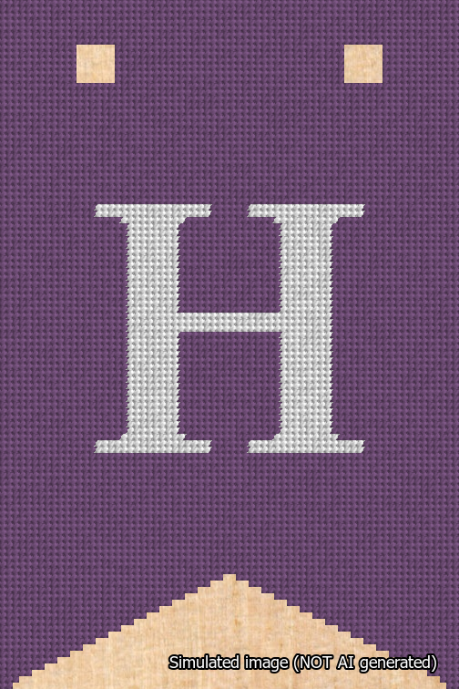 A simulated image of the stitched needlepoint design: Banner 18m Forked H White on Purple. Not A.I. generated.