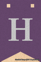 A simulated image of the stitched needlepoint design: Banner 18m Forked H White on Purple. Not A.I. generated.