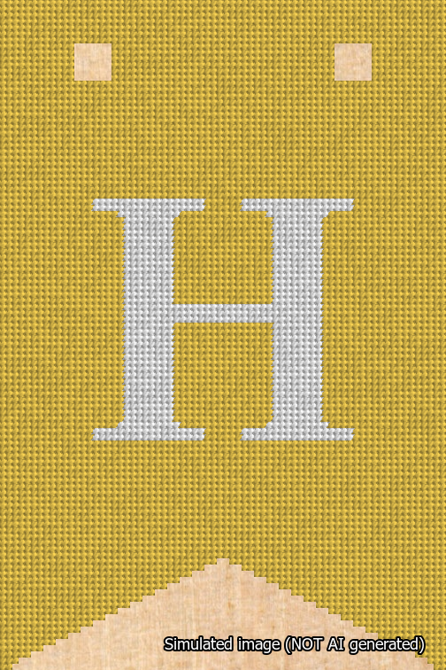 A simulated image of the stitched needlepoint design: Banner 18m Forked H White on Yellow. Not A.I. generated.