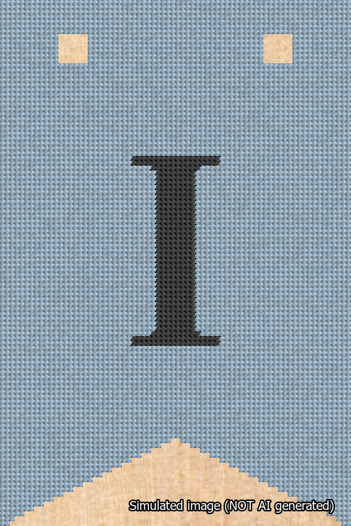 A simulated image of the stitched needlepoint design: Banner 18m Forked I Black on Light Blue. Not A.I. generated.
