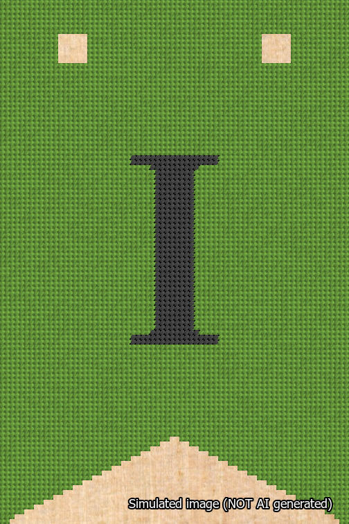A simulated image of the stitched needlepoint design: Banner 18m Forked I Black on Light Green. Not A.I. generated.