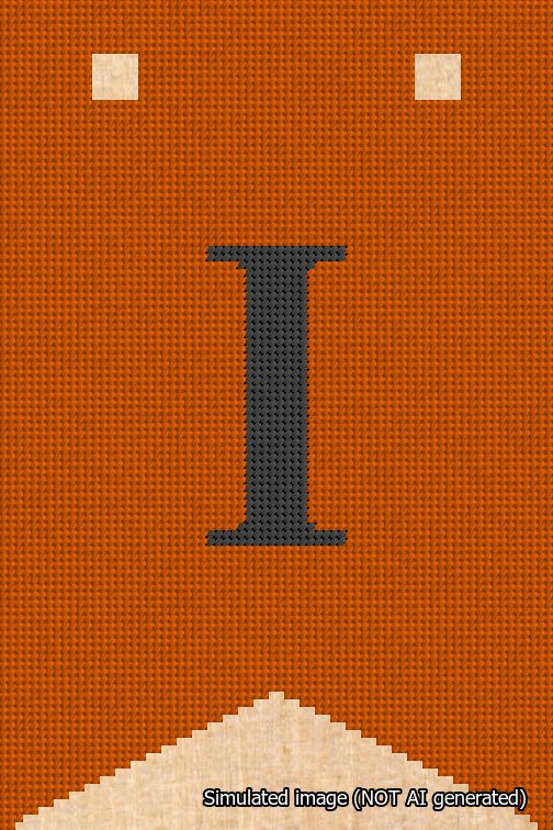 A simulated image of the stitched needlepoint design: Banner 18m Forked I Black on Orange. Not A.I. generated.
