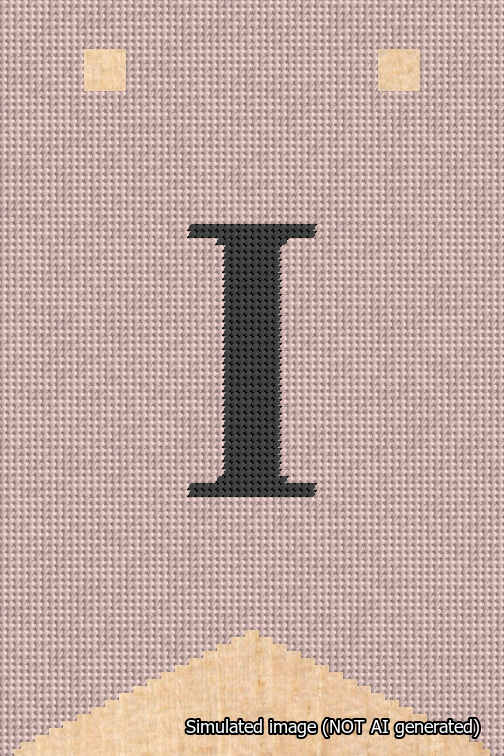 A simulated image of the stitched needlepoint design: Banner 18m Forked I Black on Pink. Not A.I. generated.