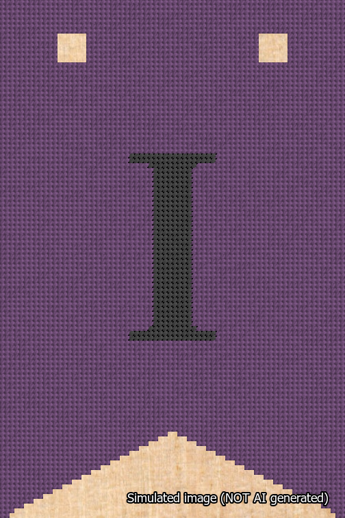 A simulated image of the stitched needlepoint design: Banner 18m Forked I Black on Purple. Not A.I. generated.