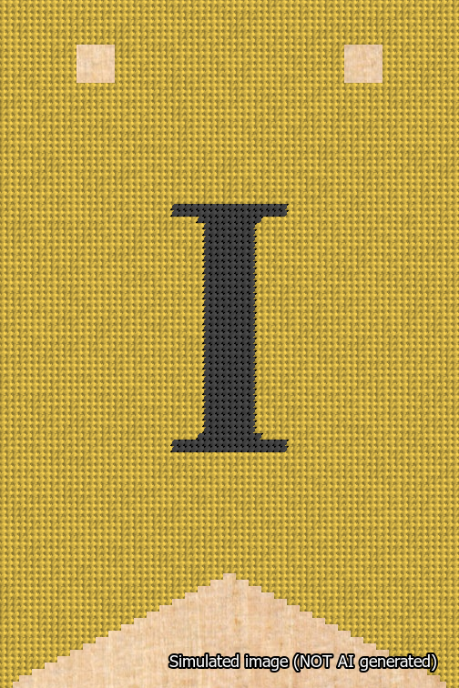 A simulated image of the stitched needlepoint design: Banner 18m Forked I Black on Yellow. Not A.I. generated.