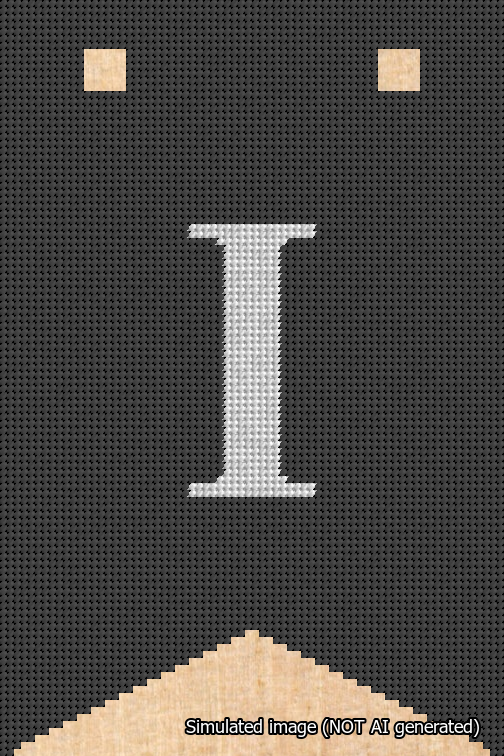 A simulated image of the stitched needlepoint design: Banner 18m Forked I White on Black. Not A.I. generated.