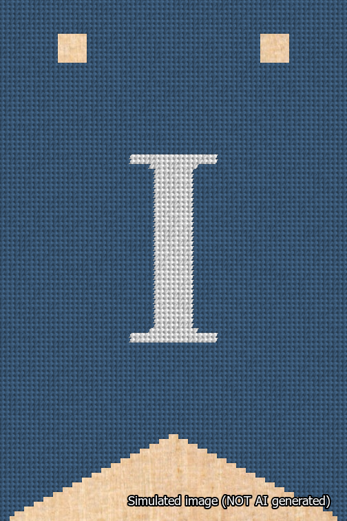 A simulated image of the stitched needlepoint design: Banner 18m Forked I White on Blue. Not A.I. generated.
