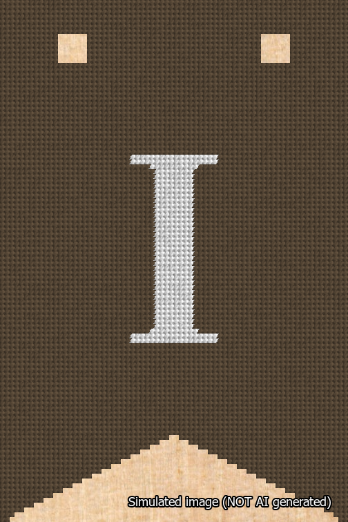 A simulated image of the stitched needlepoint design: Banner 18m Forked I White on Brown. Not A.I. generated.