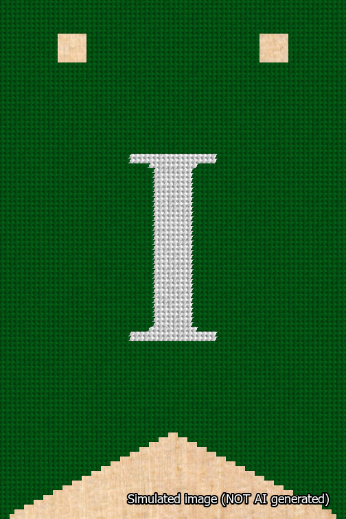 A simulated image of the stitched needlepoint design: Banner 18m Forked I White on Green. Not A.I. generated.