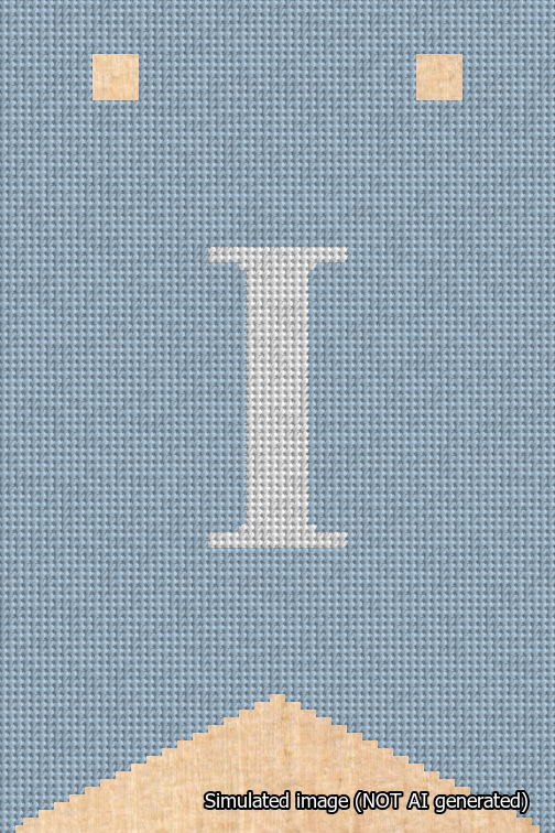 A simulated image of the stitched needlepoint design: Banner 18m Forked I White on Light Blue. Not A.I. generated.