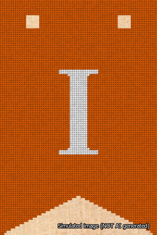 A simulated image of the stitched needlepoint design: Banner 18m Forked I White on Orange. Not A.I. generated.
