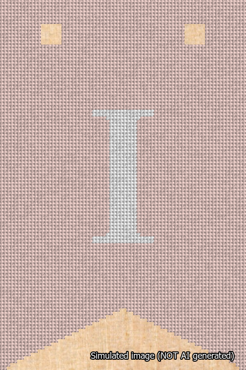 A simulated image of the stitched needlepoint design: Banner 18m Forked I White on Pink. Not A.I. generated.