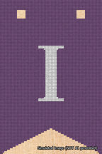 A simulated image of the stitched needlepoint design: Banner 18m Forked I White on Purple. Not A.I. generated.