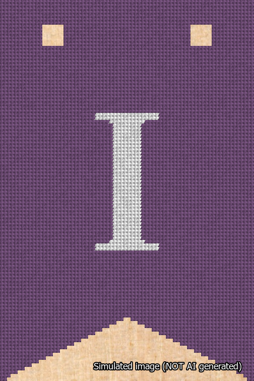 A simulated image of the stitched needlepoint design: Banner 18m Forked I White on Purple. Not A.I. generated.