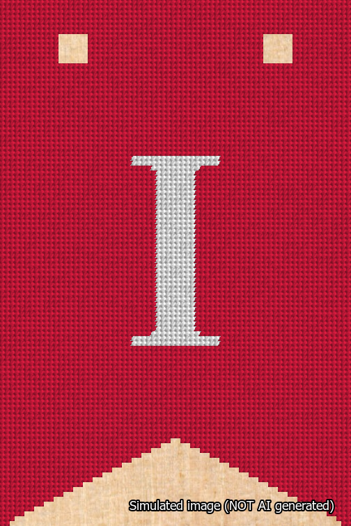 A simulated image of the stitched needlepoint design: Banner 18m Forked I White on Red. Not A.I. generated.