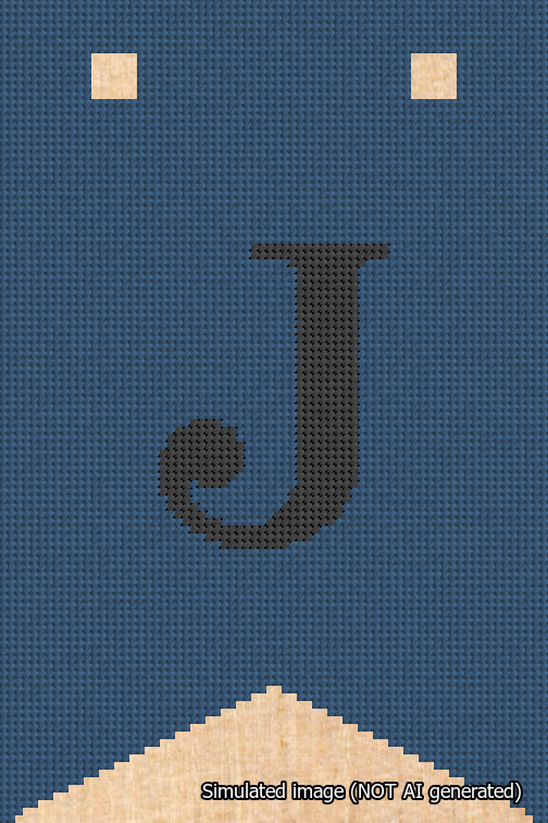A simulated image of the stitched needlepoint design: Banner 18m Forked J Black on Blue. Not A.I. generated.