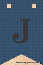 A simulated image of the stitched needlepoint design: Banner 18m Forked J Black on Blue. Not A.I. generated.