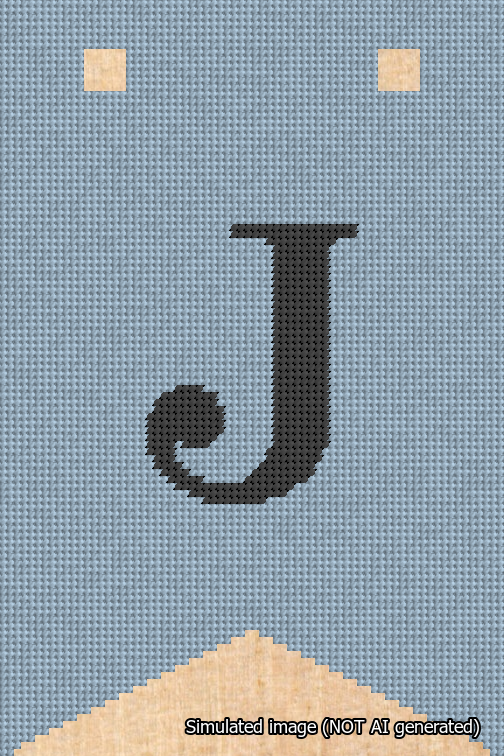A simulated image of the stitched needlepoint design: Banner 18m Forked J Black on Light Blue. Not A.I. generated.