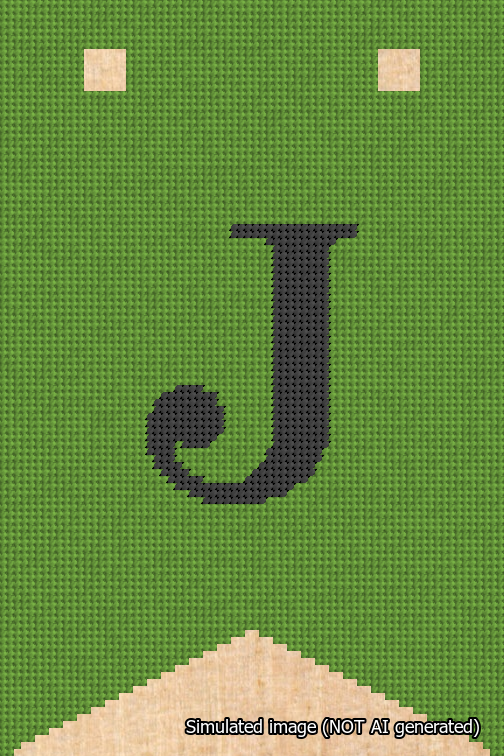 A simulated image of the stitched needlepoint design: Banner 18m Forked J Black on Light Green. Not A.I. generated.