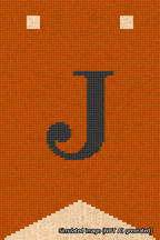 A simulated image of the stitched needlepoint design: Banner 18m Forked J Black on Orange. Not A.I. generated.
