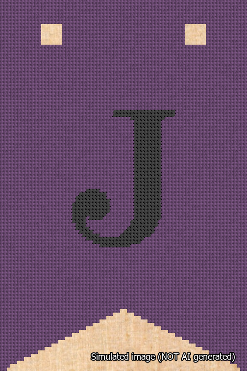 A simulated image of the stitched needlepoint design: Banner 18m Forked J Black on Purple. Not A.I. generated.